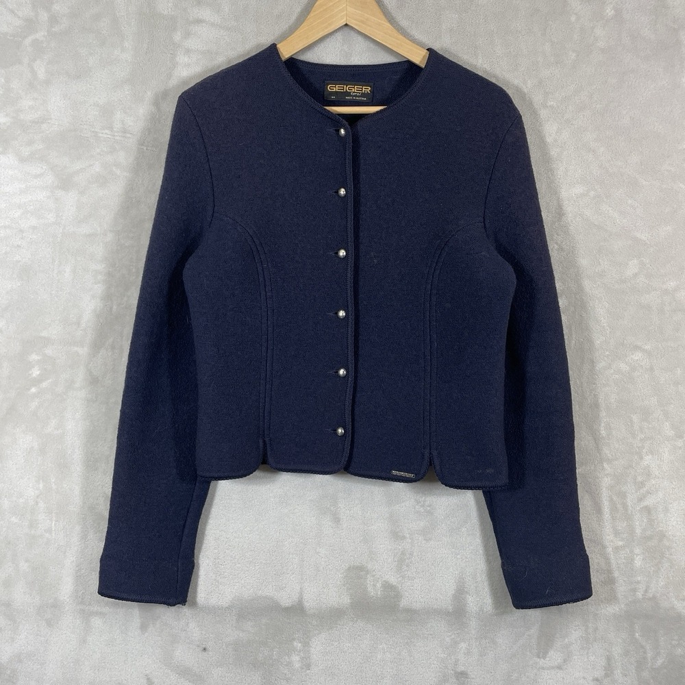 Vintage Geiger Tyrol Jacket Women's Size 44 Boiled Woool Cardigan Sweater Navy
